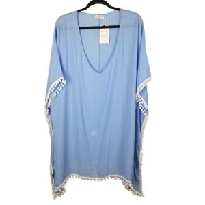 Adreamly Womens Coverup Size 2X 3X Light Blue White Pom-Pom Trim Layer Beach